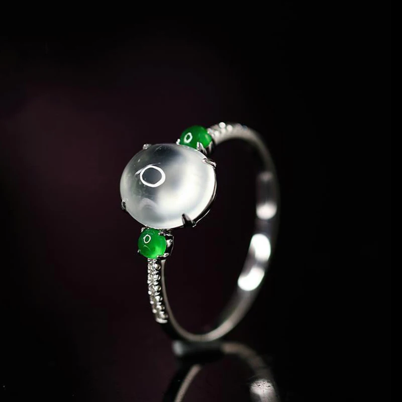 Original diamond-studded natural chalcedony egg noodle ladies ring opening adjustable green fresh bohemian ladies jewelry