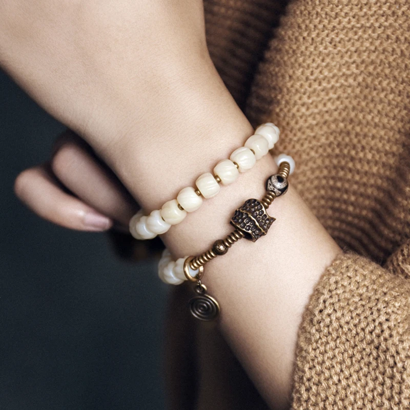 Trendy Two Row Tibetan Yak Bone Bead Bracelet Hammered Copper Charm Bead Prayer Peace Positive Energy Jewelry Mom Gift Girl