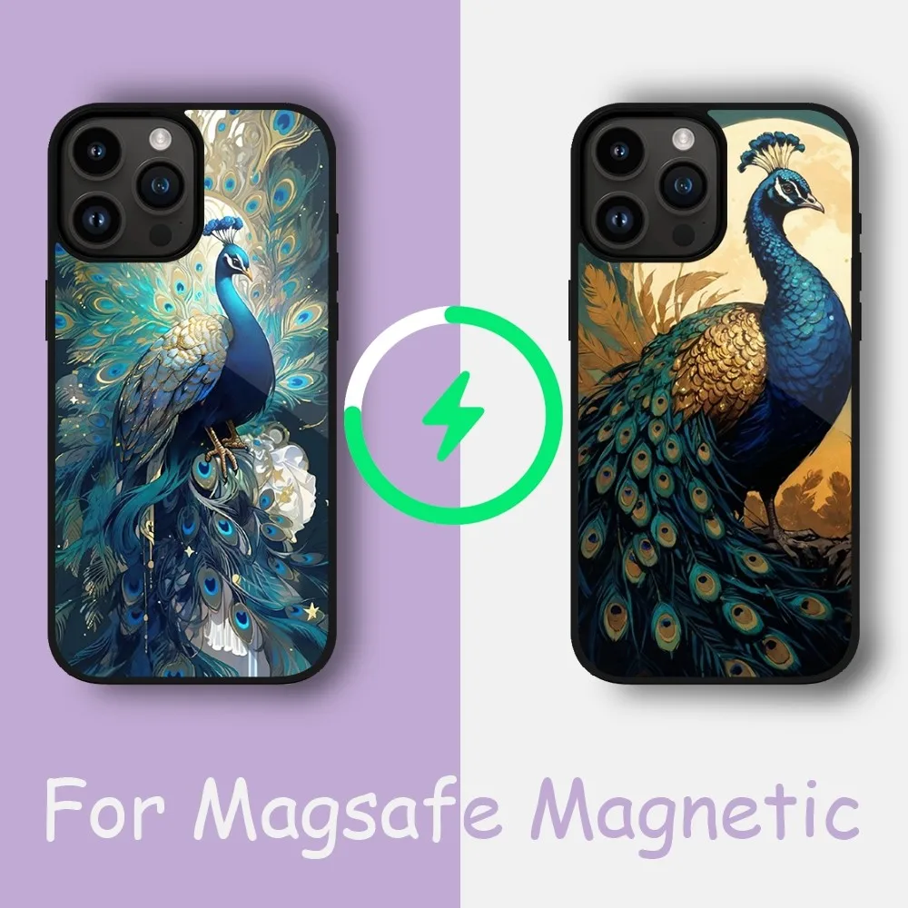 Bird Peacock Feather Phone Case For iPhone 15 14 13 12 11 Pro Max Plus Phone Magnetic for Macsafe Cases Cover