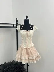 Summer Japanese Sweet Elegant Skirt Suit Women Kawaii Y2k Lace Bow Short Tops Cute High Waist Mini Cake Skirt New 2 Piece Set