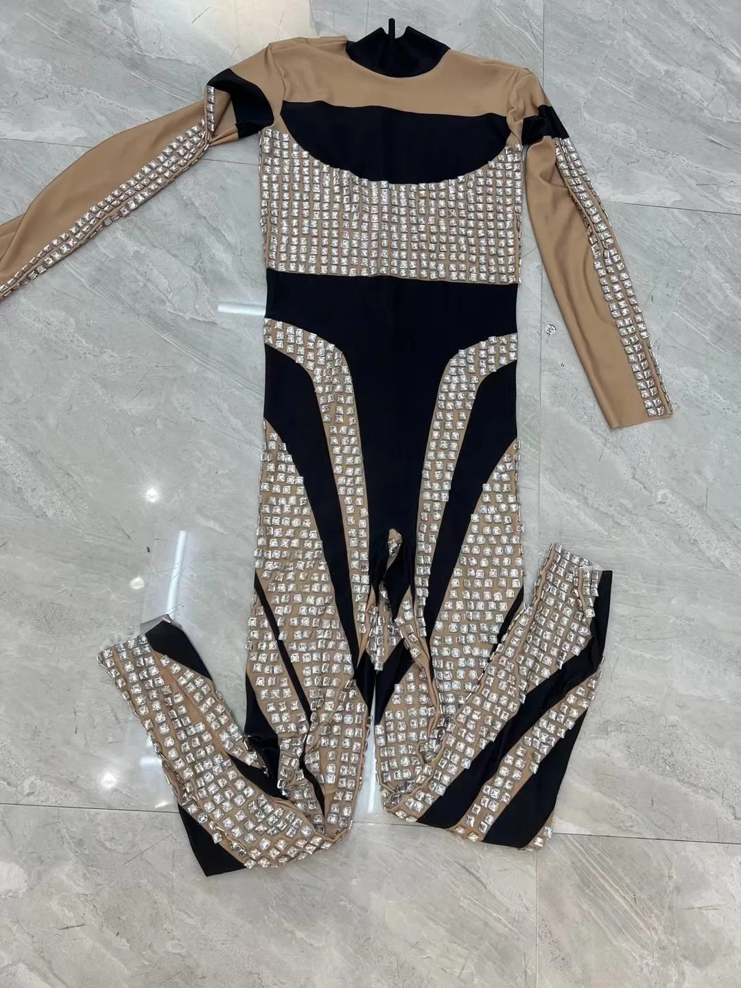 Sexy Bühne Silber Strass Nude BlackJumpsuit Overall Abend Geburtstag Feiern Kostüm Leggings FotoshootingJumpsuit C183