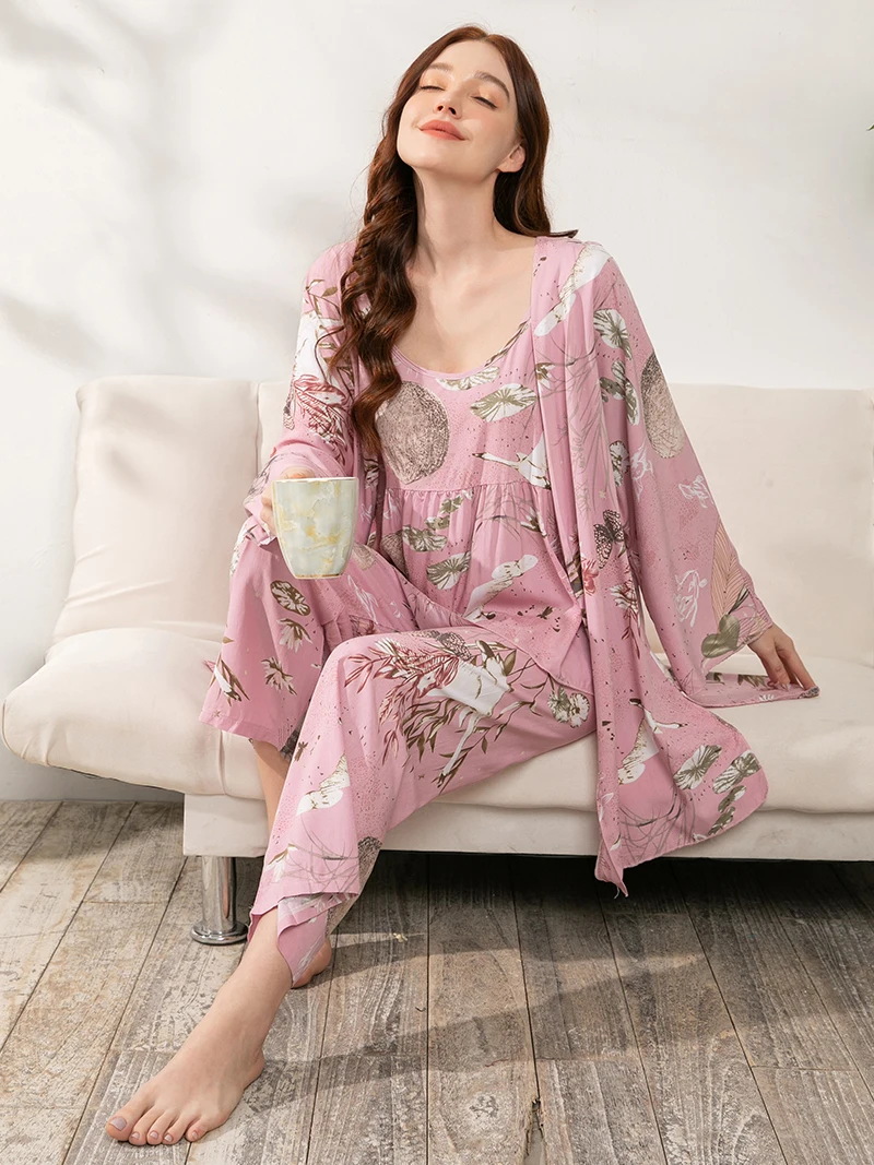 Plus Size S-3XL Ladies Pajamas Set 3pcs 100% Viscose Printed Women Comfort Loose Homewear Large Size Femme Sleepwear Pijamas