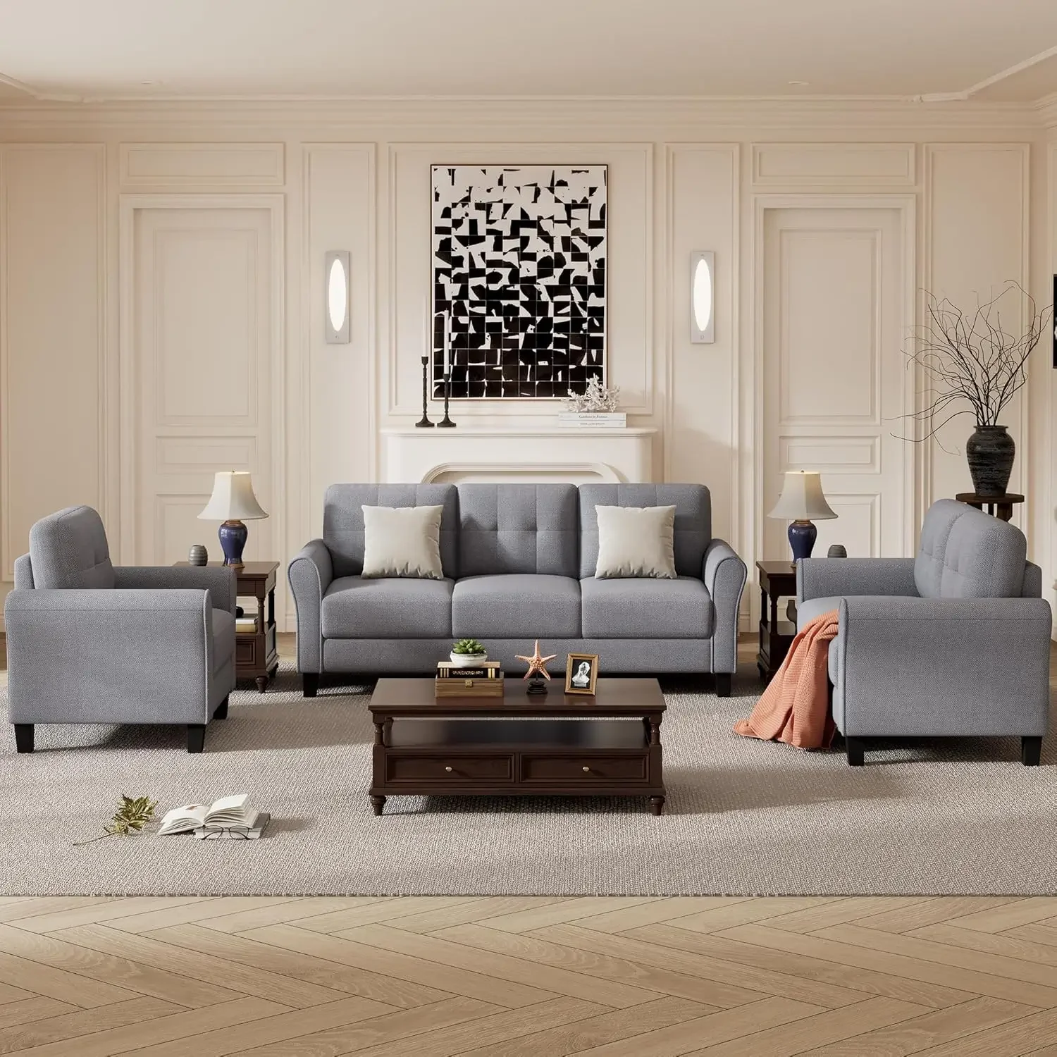 3-Piece Living Room Sectional Sofa Set, Modern Style Button Tufted Linen Upholstered Armchair Loveseat Sofa and Three Seat Sofa