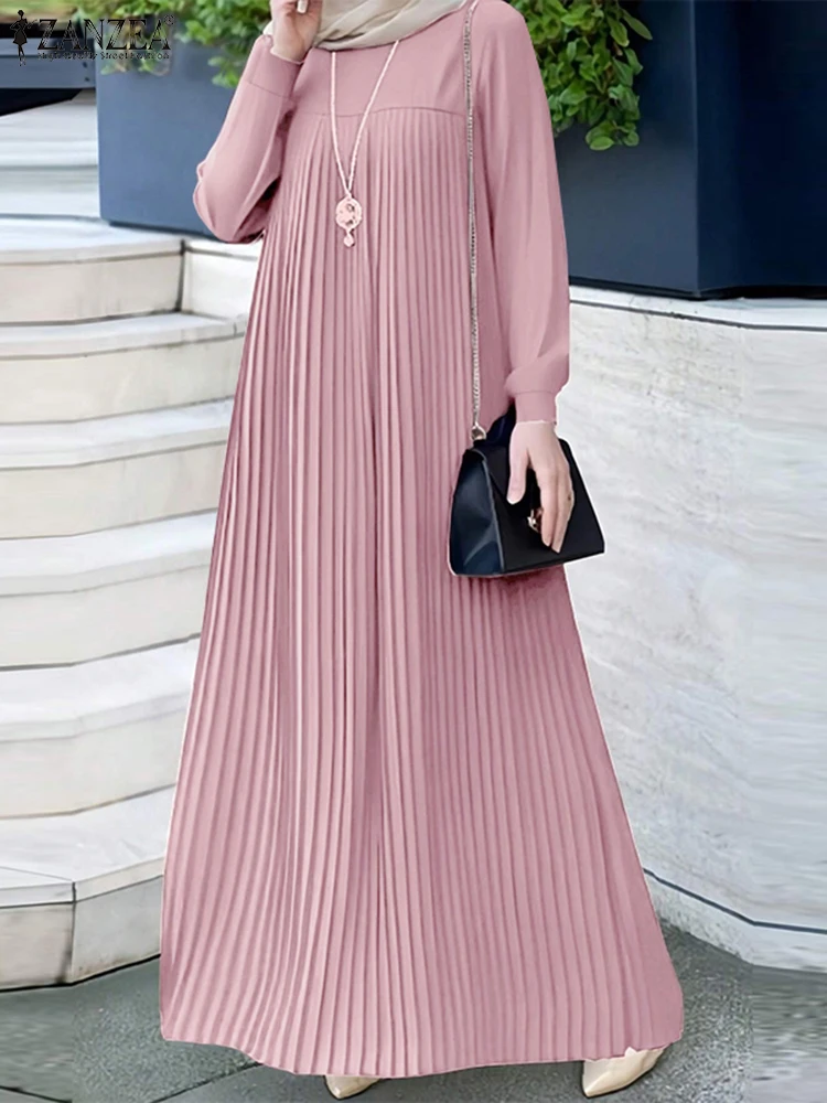 ZANZEA Women IsIamic Hijab Dresses Autumn Elegant Pleated Maxi Dress Casual Long Sleeve Loose Dubai Abaya Muslim Sundress Robe