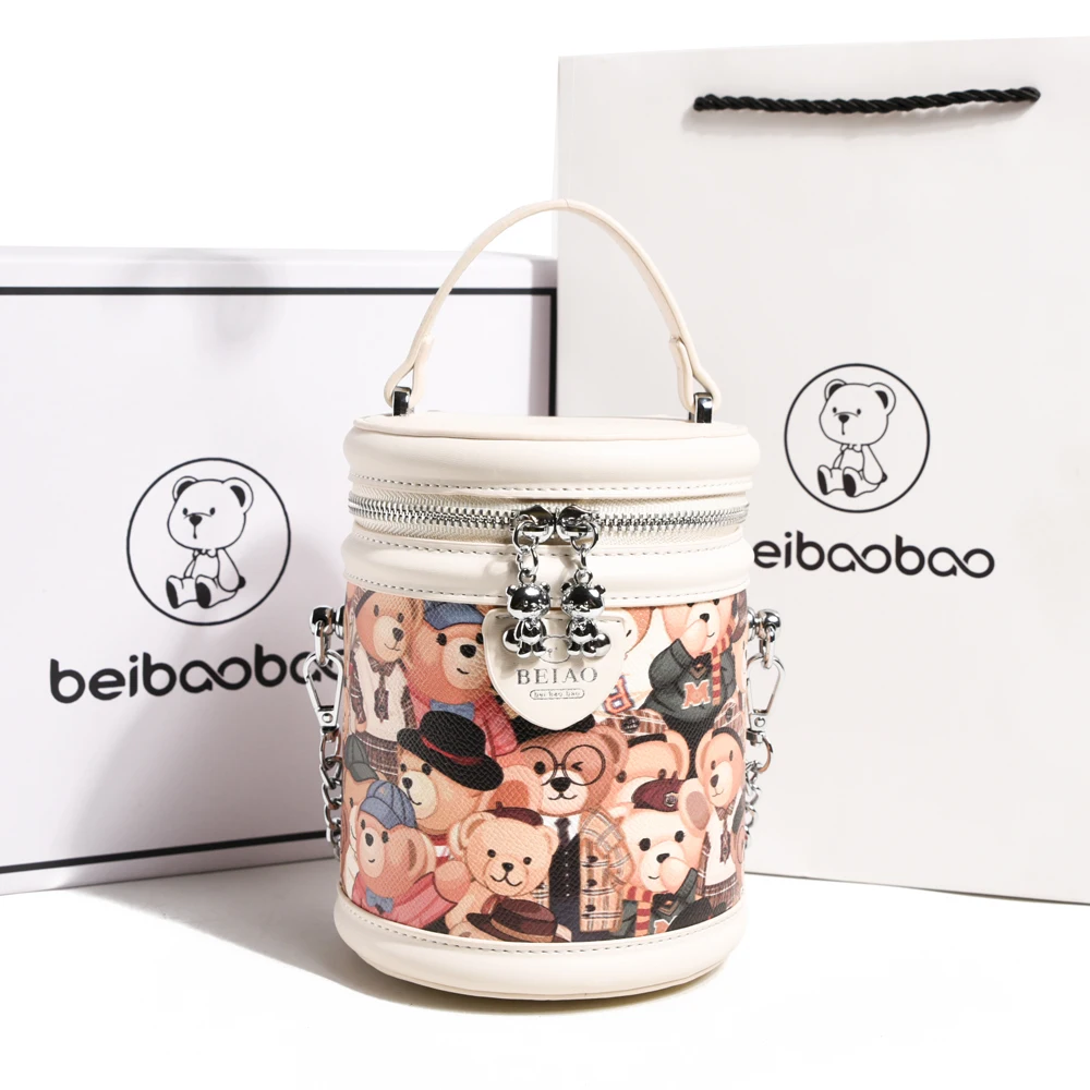 BeiBaoBao Brand Women's Bag Barrel-shaped 2023 Trend Crossbody Bags For Women Cute Bear Print Shoulder Bag Female Handbag Girl