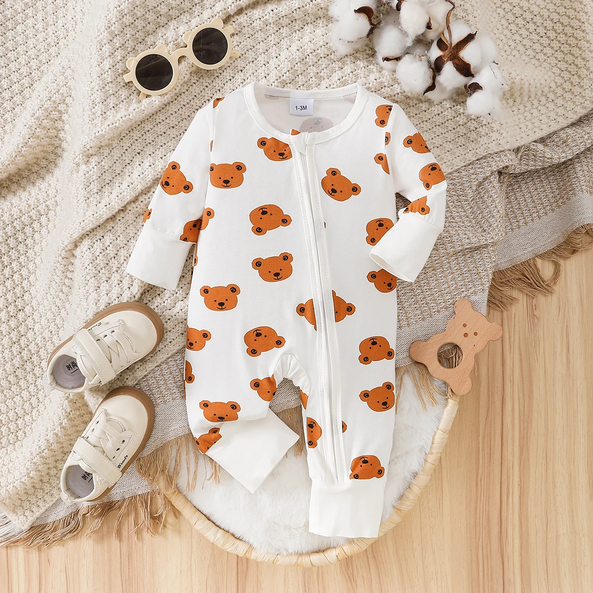 

Spring/Autumn Baby Bear Print Knitted Onesie Skin-friendly Breathable Soft Cute Bear Design Easy Wear Convenient Daily Home Wear
