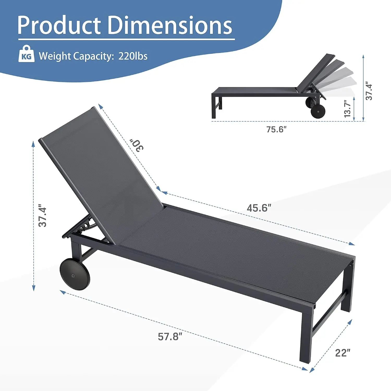 2PCS Outdoor Chaise Lounge with Wheels, Aluminum Patio Chair 5 Adjustable Positions for Poolside Beach Yard, Customized