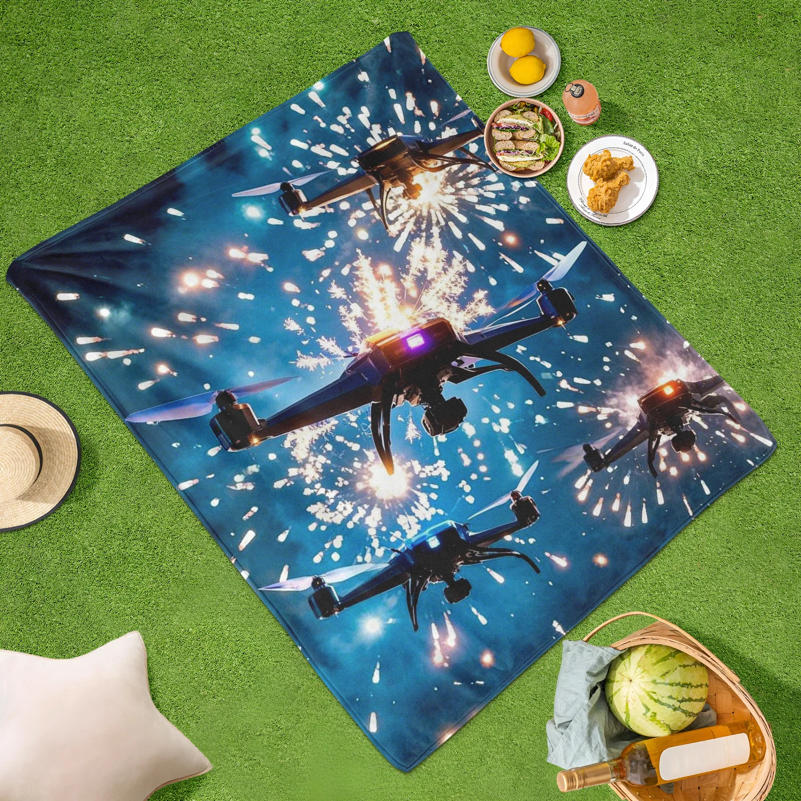 Cobertor ao ar livre com tecnologia de fogos de artifício drone com estilo de arte cibernética para reuniões futuristas e experiências inovadoras ao ar livre
