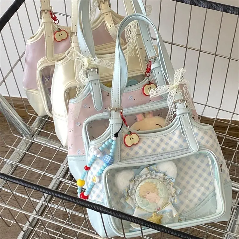 الحلو لطيف السماء الزرقاء الماس نمط حقيبة كتف المرأة المرقعة سعة كبيرة حقيبة يد السيدات أنيمي شارة Harajuku حقيبة تحت الإبط