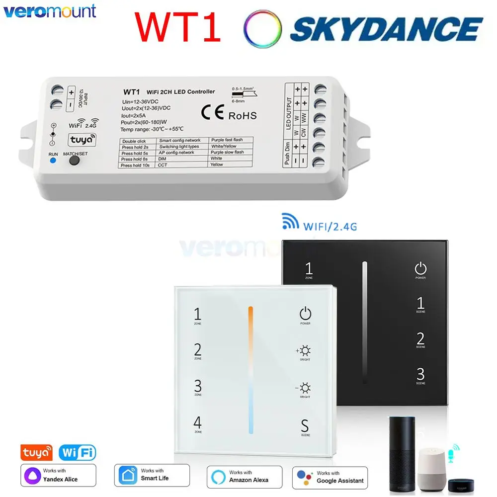 

Skydance WT1 Tuya LED Controller 12V 24V 4Zone Wall Touch Panel Dimmer Wireless Smart Wifi RF Remote for Single Color LED Strip