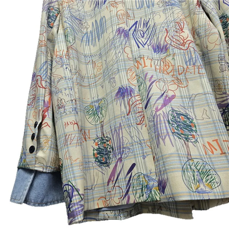 Frühling Mode Hand Bemalt Graffiti Print Frauen Anzug Jacke Lose Beiläufige Kerb Kragen Langarm Weibliche Blazer Streetwear