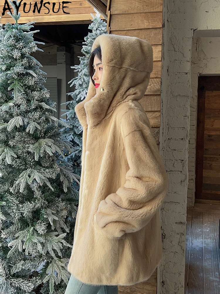 

AYUNSUE Пальто из натурального норкового меха женская с капюшоном Роскошная короткошерстная шуба из норки для женской одежды Высокое качество 2025 Кофта С Мехом