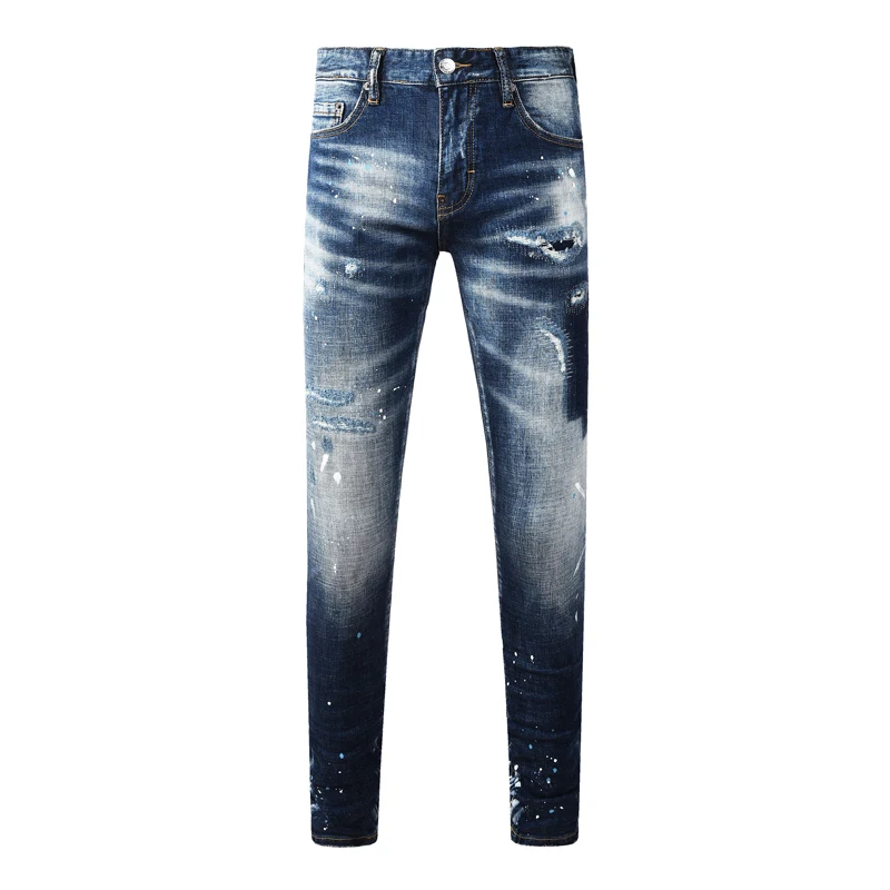 Fashionable new men's jeans with pleats, painted scratches, washed water, nostalgic stretch, slim fit, blue jeans, hip-hop brand