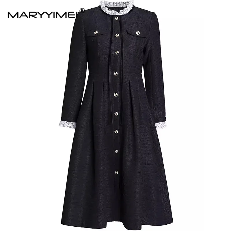 MARYYIMEI Women's Elegant Commuter Dress Stand Collar Long Sleeved Single-Breasted Bow High waist Office Work Midi Dresses