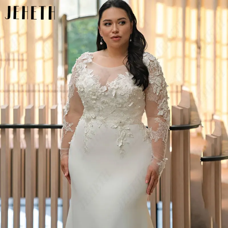 JEHETH Mermaid Scoop Wedding Dresses Plus Size Satin Full Sleeves Bridal Gowns Simple Appliques Exquisite Lace Customized