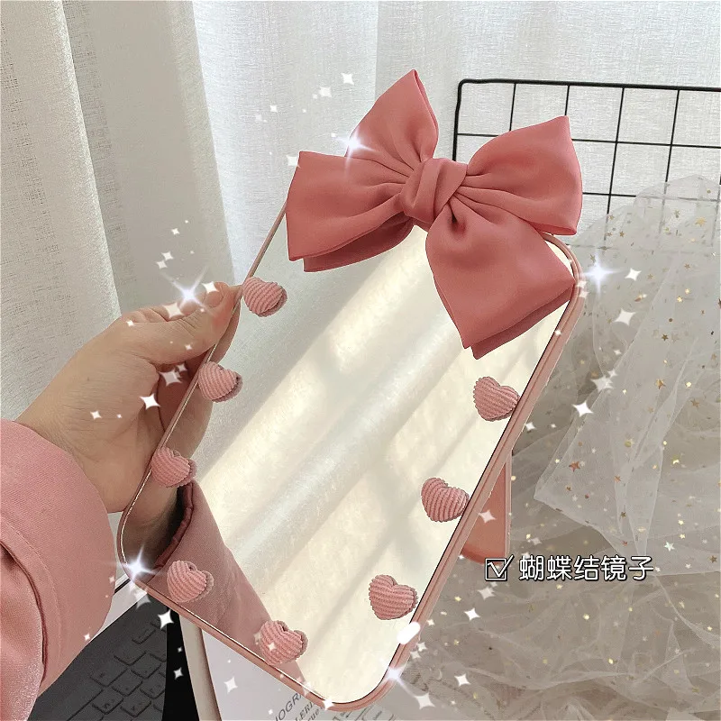 HE09 ow-knot Desktop Makeup Mirror Desktop Princess Mirror Cute Girl Student Dressing Pink Mirror Portable Folding Mirror