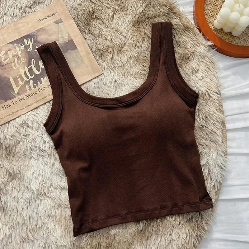 Women Cotton Chest Pad Vest One-Piece No Steel Ring Wide Shoulder Sports Yoga Vest Underwear Black White Bra Tank Top Women