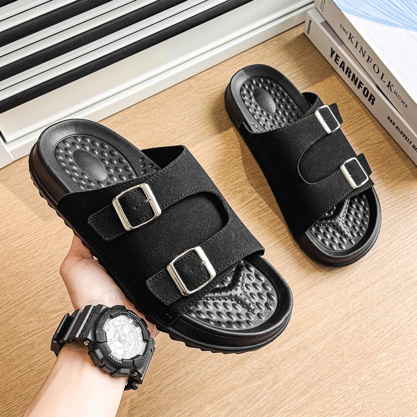 

Double buckle Birken slippers men's fashion slippers summer breathable anti-slip sandals men's shoes Joker casual beach shoes 45