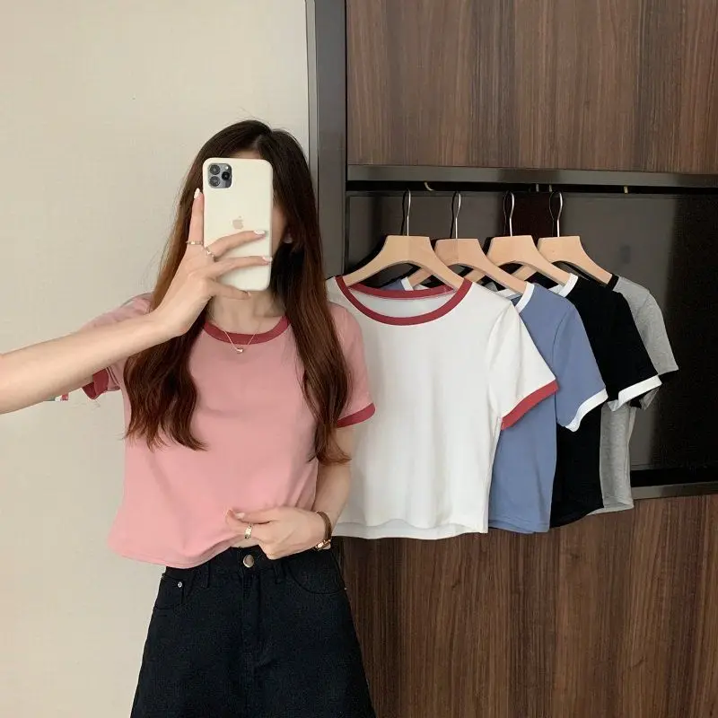 

Color-block round-neck short-sleeved T-shirt for women, 2025 new summer base layer shirt, Korean style, slim-fit short style, st