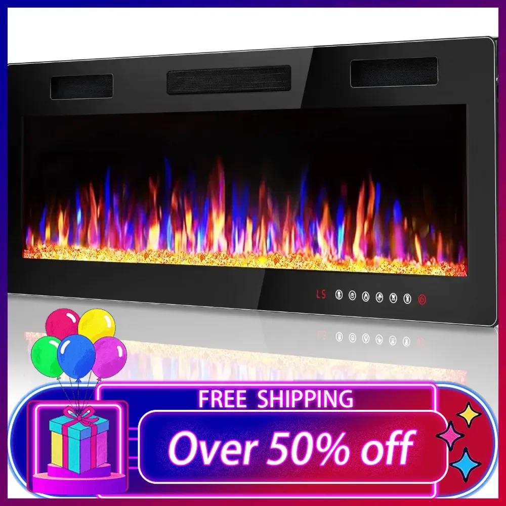 

50 inch Ultra-Thin Electric Fireplace in-Wall Recessed and Wall Mounted Linear Fireplace Heater with Multicolor Flame,750/1500W