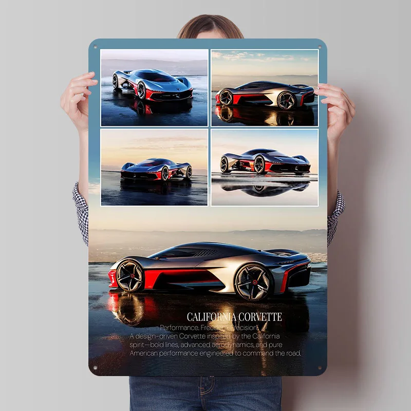 Sports California Corvette Concept Car Metal Poster Custom Wall Art Retro Vintage Tinplate Signs for Man Cave Bathroom Decor