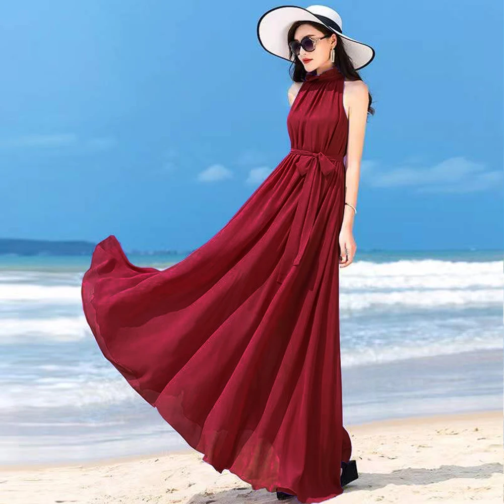 

Long Dress Sleeveless Pleated Women Beach Dresses Solid Soft Chiffon Maxi Dress Ladies Cover Ups 11 Colors Beachwear Woman