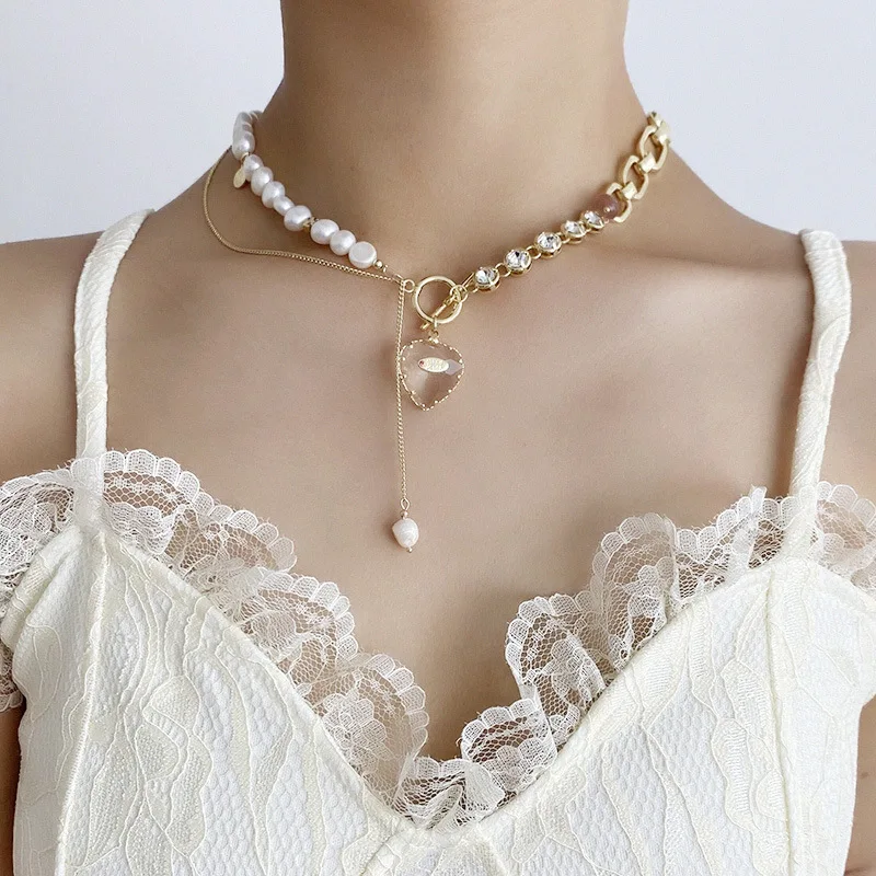 100% Natural Freshwater Pearl 14K Gold Filled Elegant Shiny Crystal Love Heart Ladies Necklace For Women Wedding Gifts No Fade