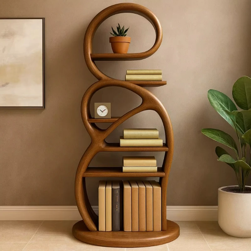 Modern sculptural wooden bookshelves with organic curves and flowing shelves for use in an art home library or a stylish