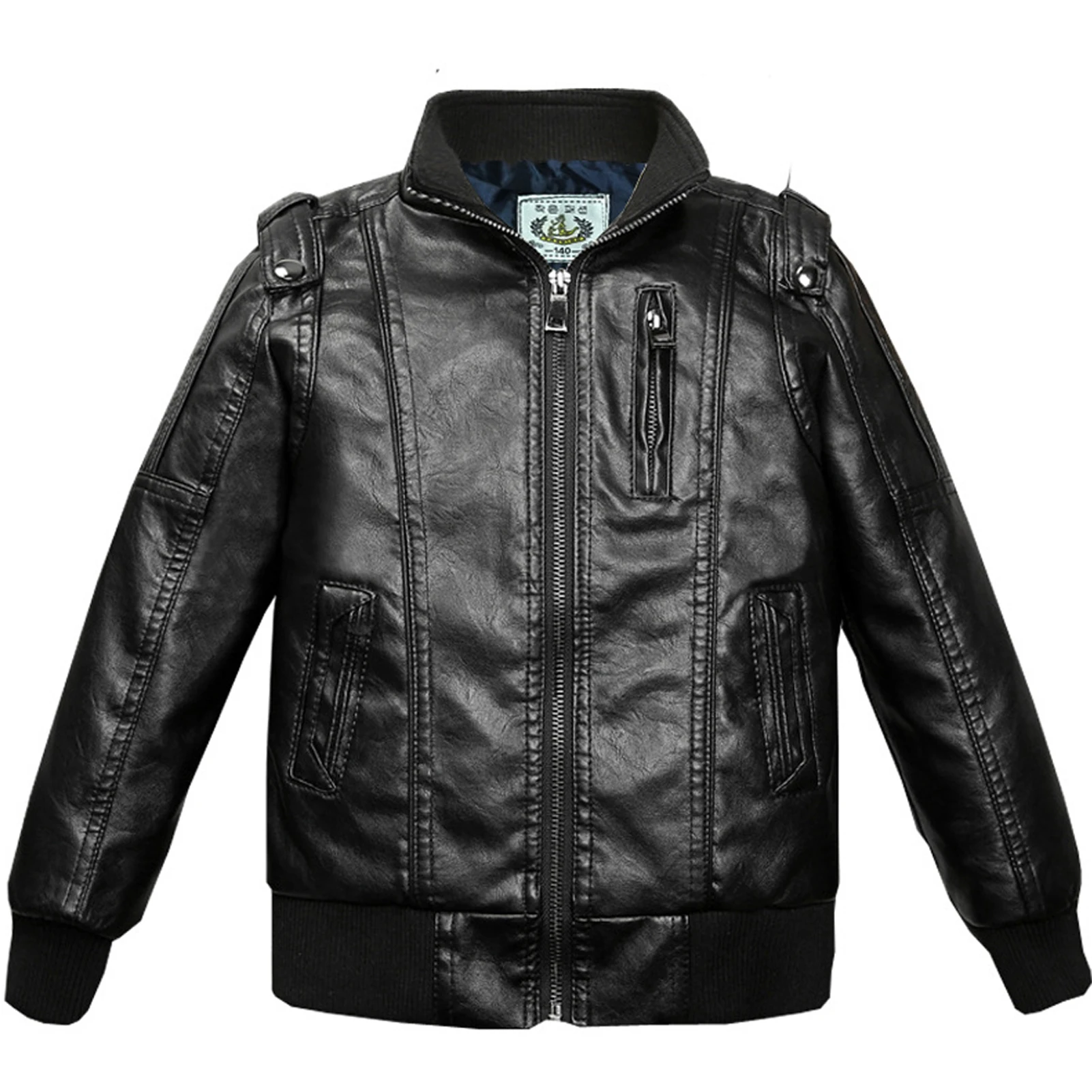 Children's Leather Jacket Boys PU Locomotive Wear Stand-Collar Plush Faux Leather Retro Coat Multi-Zipper Motorcycle Outerwear