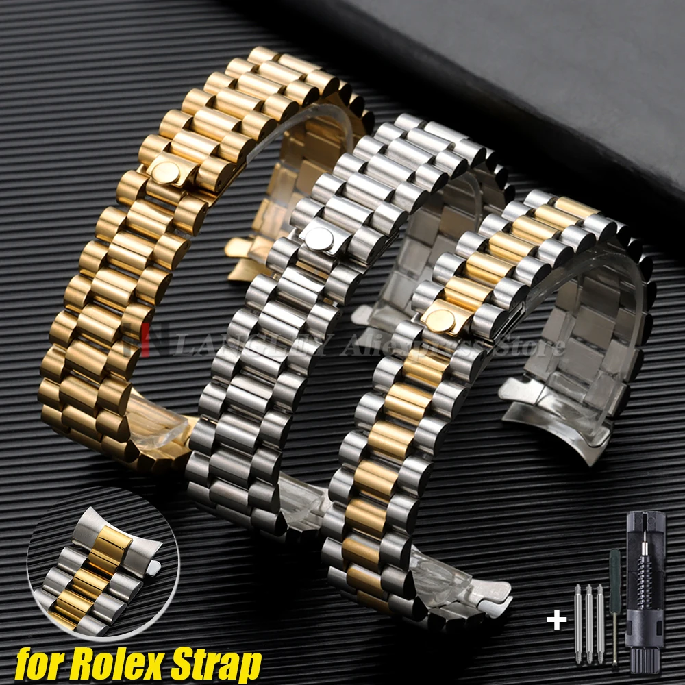 20mm Curved End Stainless Steel Watch Strap for Rolex for Oyster Perpetual Water Ghost Folding Buckle Bracelet Men's Metal Bands
