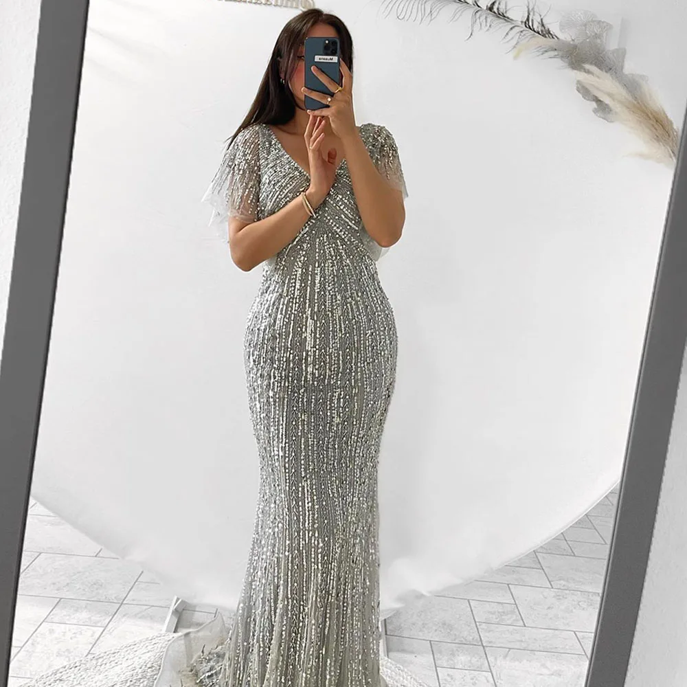 Luxury Dubai Mermaid Evening Dress for Women 2023 Elegant Beads Sequin Handmade V Neck Long Formal Prom Wedding Party Gowns