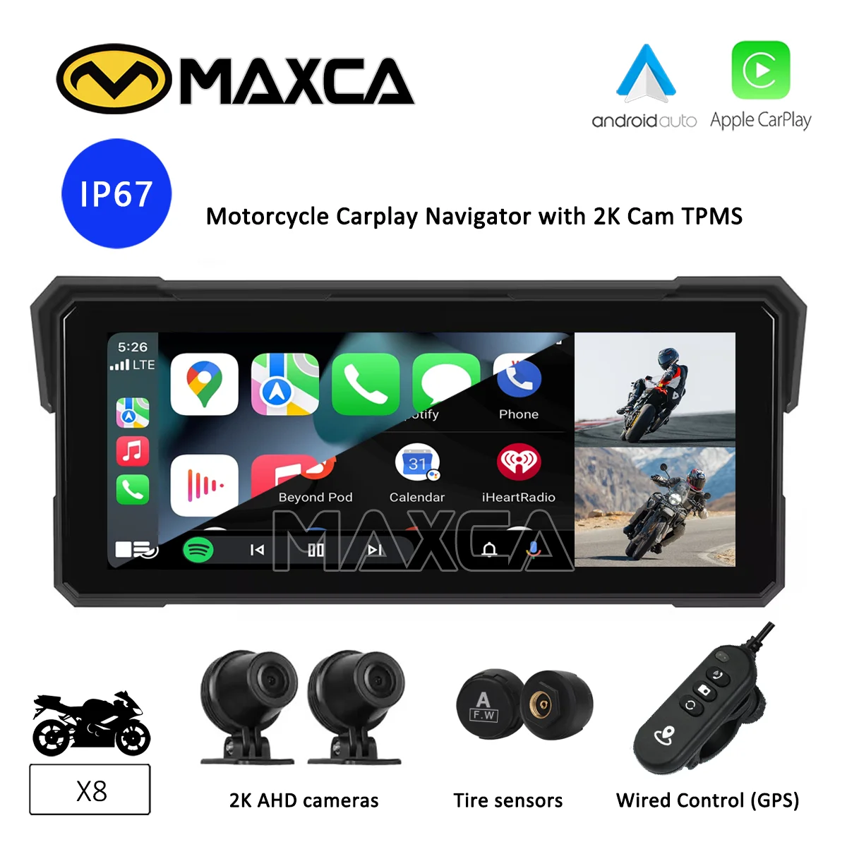 

MAXCA X8 Motorcycle 8.1 inch Carplay Android Auto Screen IPX7 Waterproof With 2K DVR Camera Tire Pressure Monitor System