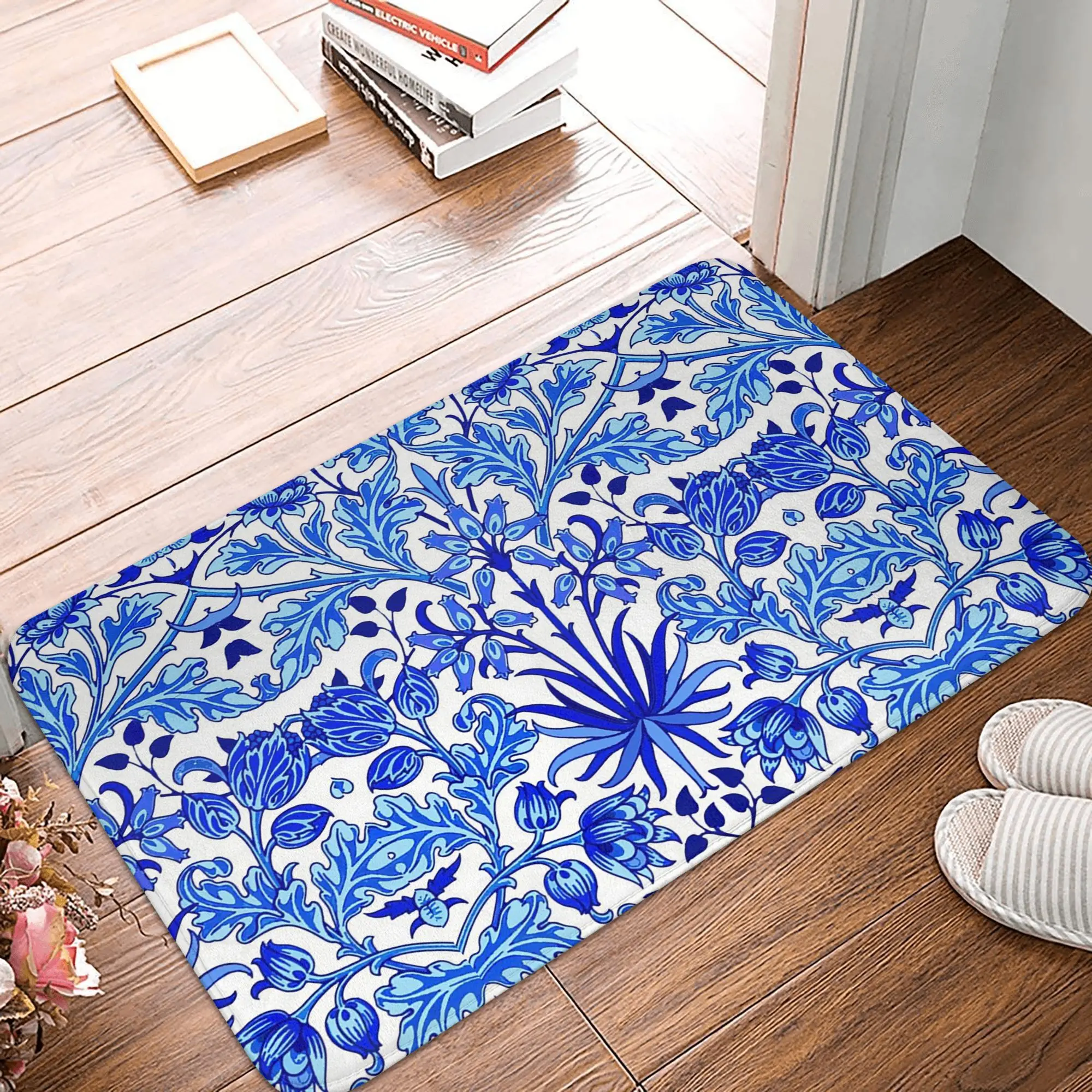 

William Morris Hyacinth Print, Cobalt Blue and White Anti-slip Doormat Floor Mat Kitchen Entrance Home Bedroom Footpad Mats
