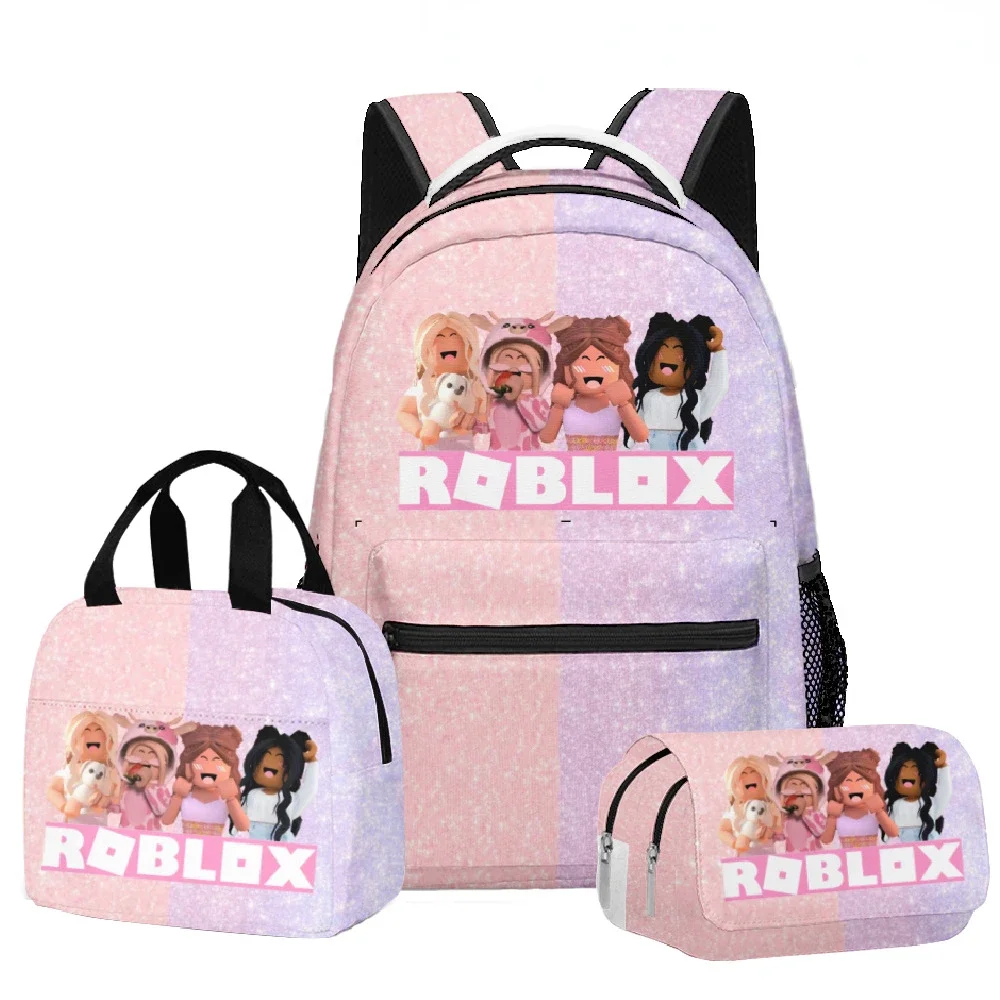 3PC-SET Set ROBLOX Virtual World Primary Secondary School Schoolbag Backpack Lunch Bag Double-layer Pencil Case Best Gift