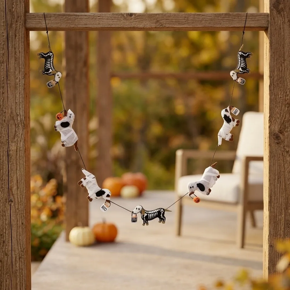 Dachshund Halloween Garland Banner 1.8M Multicolor Cloth Bunting Flag For Indoor Outdoor Party Home Garden Fence Decor Easy Hang