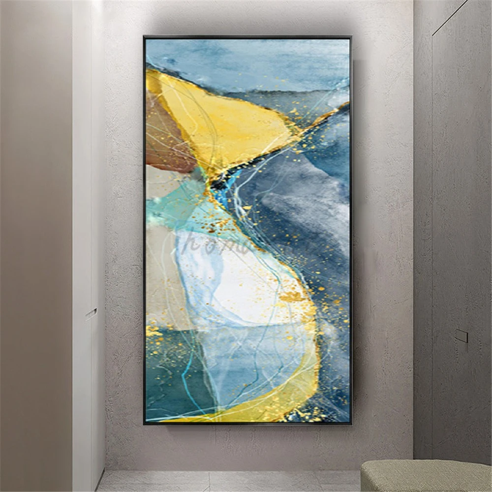 Nordic Abstract Geometric Contour Map Wall Art Canvas Gold Blue Oil Painting for Living Room Home Decor Porch
