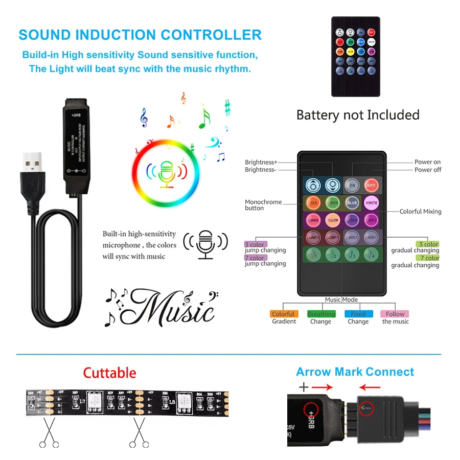 사운드 센서가 있는 LED 스트립, RGB USB 유연한 리본, TV 배경 조명용 음악 컨트롤러, 20 키 5050, 5V