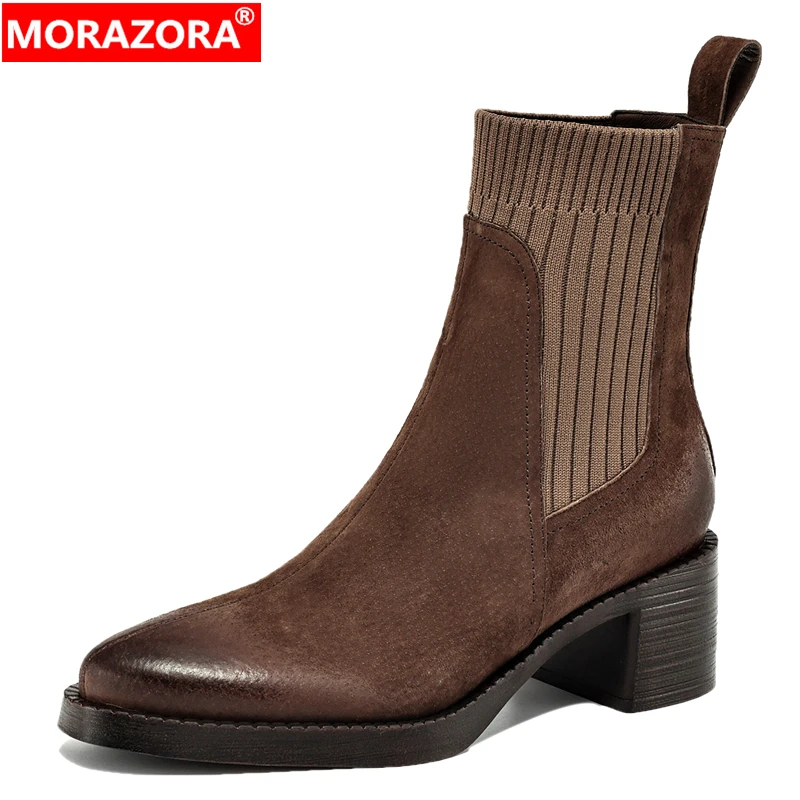 

MORAZORA Brand Cow Suede Leather Ankle Boots For Women Square High Heels Chelsea Boots Handmade Retro Ladies Shoes