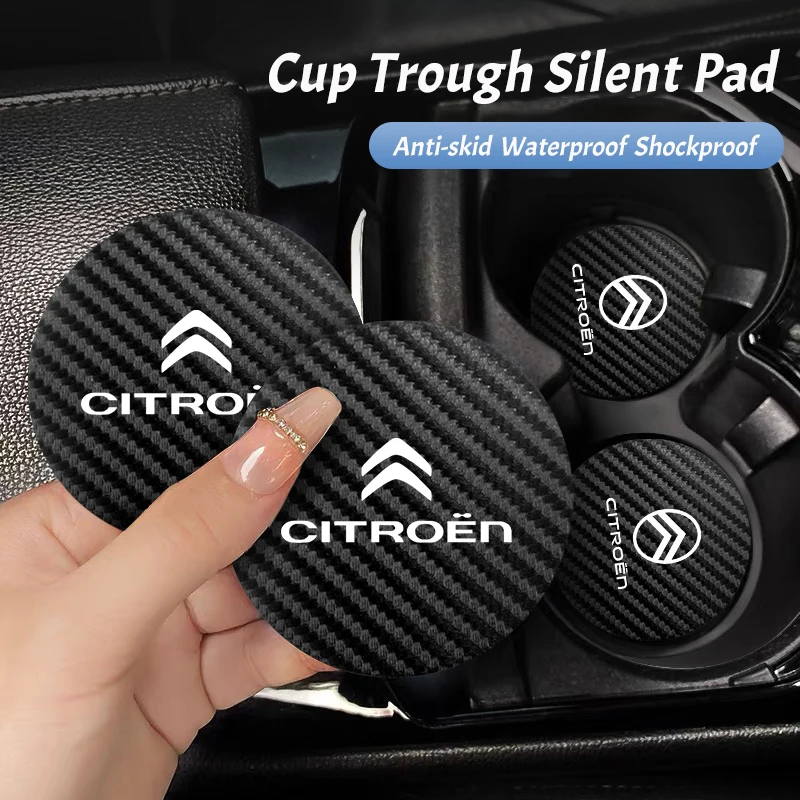 Alfombrilla de copa con emblema de coche, almohadilla de copa de cuero y fibra de carbono para Citroen C3 C5 AIRCROSS C5X C4 Cactus PICASSO e-C3 C1 c-crosser, 2 uds.