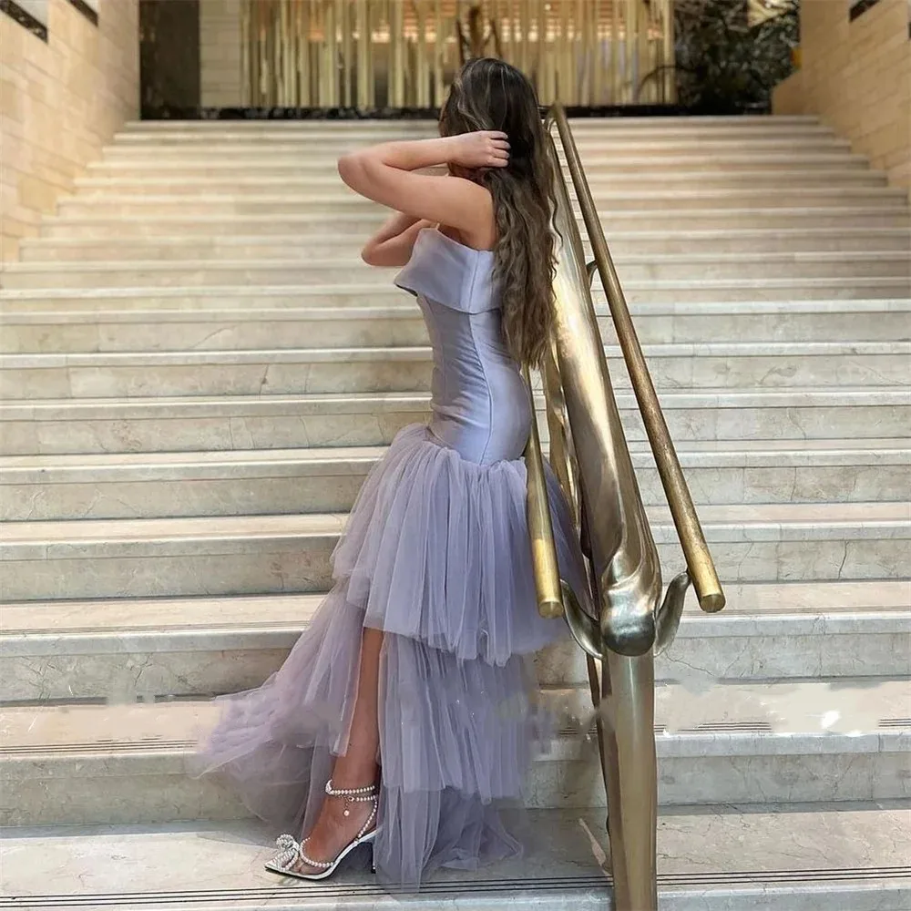 Flora-Purple Satin Spaghetti Strap Dress, mangas sereia vestidos de noite, Side Slit Tulle Sweep Train Prom Gown, elegante