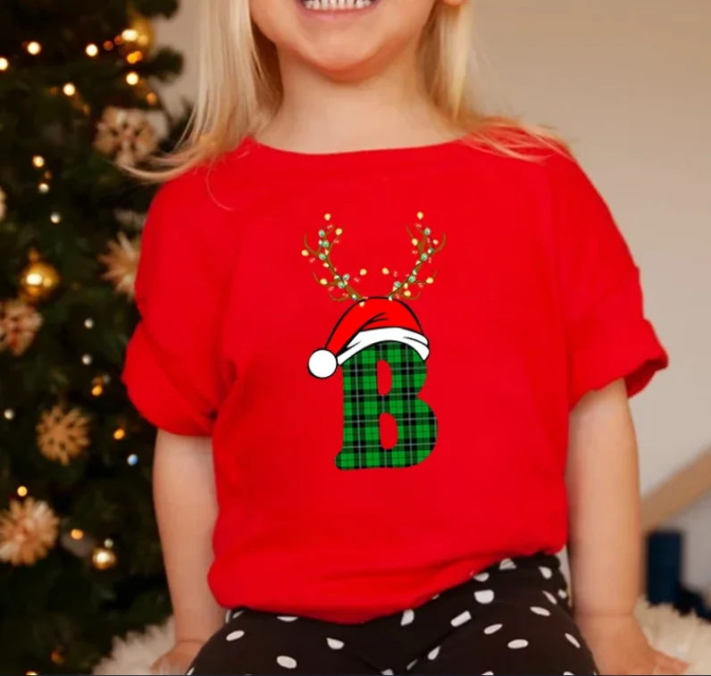 Cerveja de Natal infantil com chapéu, camisetas com estampa alfabética xadrez, tops de manga curta, moda, 2024