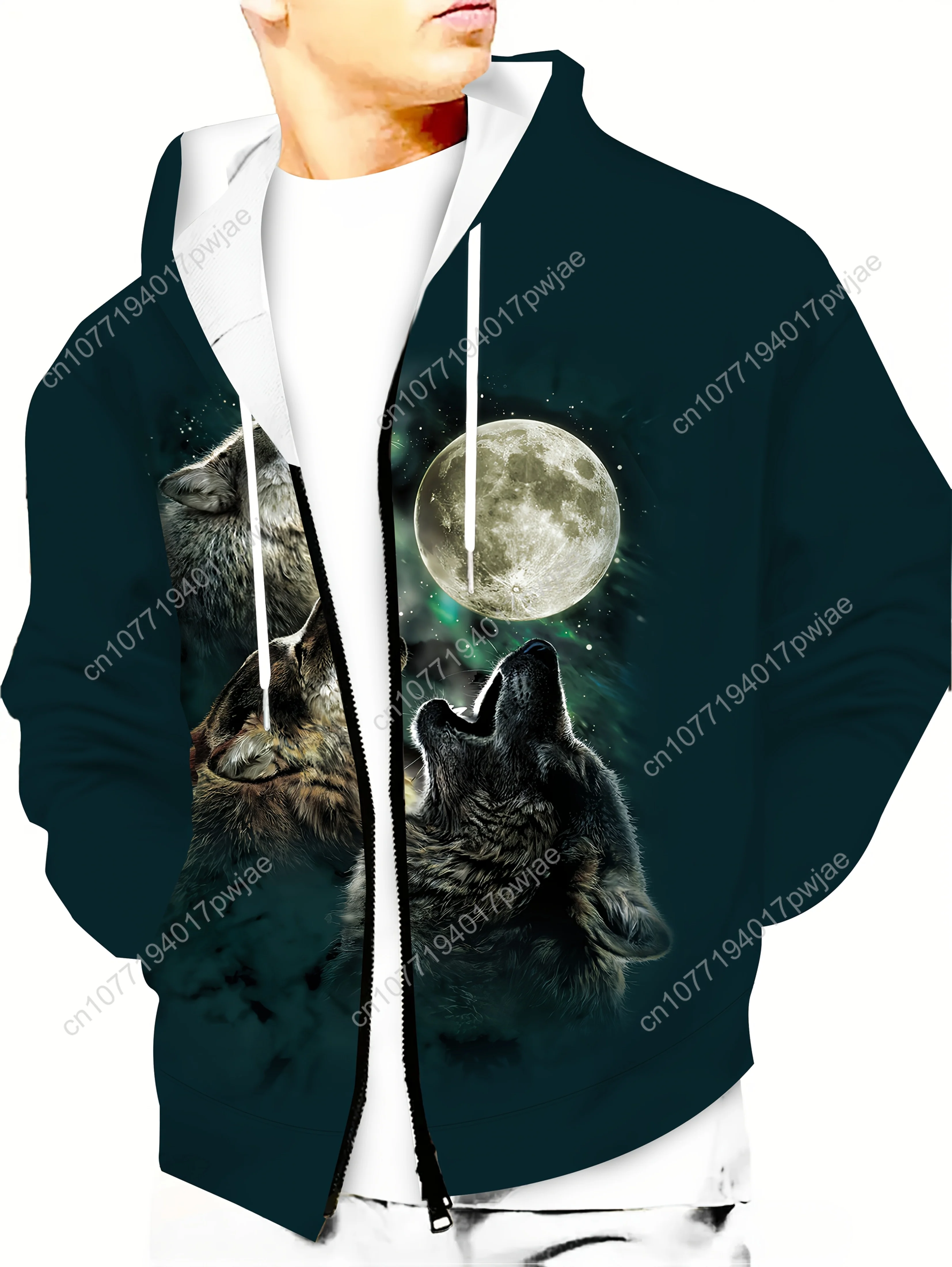 Chaqueta informal con capucha para hombre con estampado 3D de lobo de cuerpo completo, tejido de poliéster, cremallera frontal de manga larga, lavable a máquina, Fi Regular