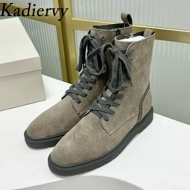 Classic Short Boots Woman Round Toe Lace Up Knight Boots String Bead Flat Shoes Women Cow Suede Motorcycle Boots Women