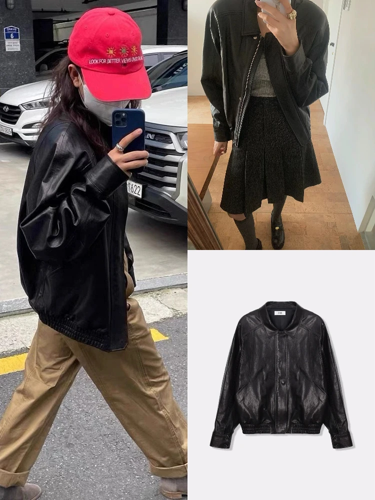 

Ретро Sli Motorcycle Jaet oulder Sve Insertion Collar ape Loose Fit Long Sve Тонкое кожаное пальто