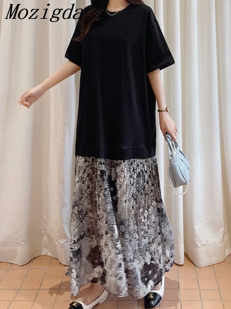 حجم كبير الشيفون الصيف الكورية نمط فستان طويل فضفاض للنساء المرقعة هيم قصيرة الأكمام فساتين السيدات رداء Elbise Vestidos