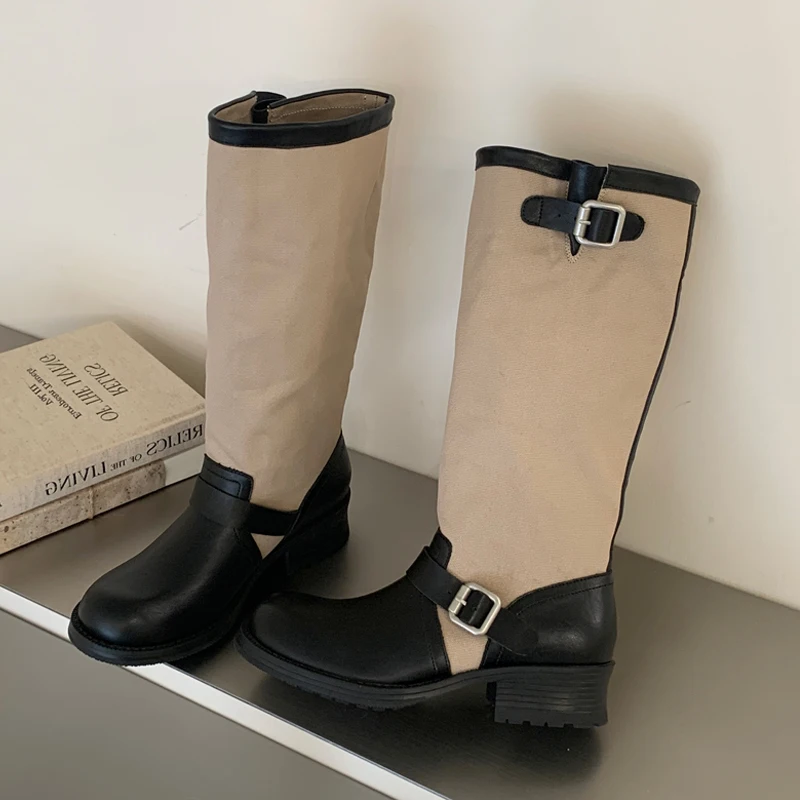 Eilyken Punk Style Round Toe Women Knee-High Boots Design Style Splicing Color Blocking Belt Buckle Square Low Heels Shoes