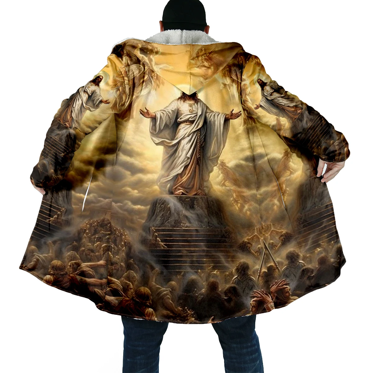 

Winter Fashion Men's cloak God Jesus Pattern 3D All Over Printed Thick Fleece Hooded Cloak Unisex Casual Warm Cape Coat DP66