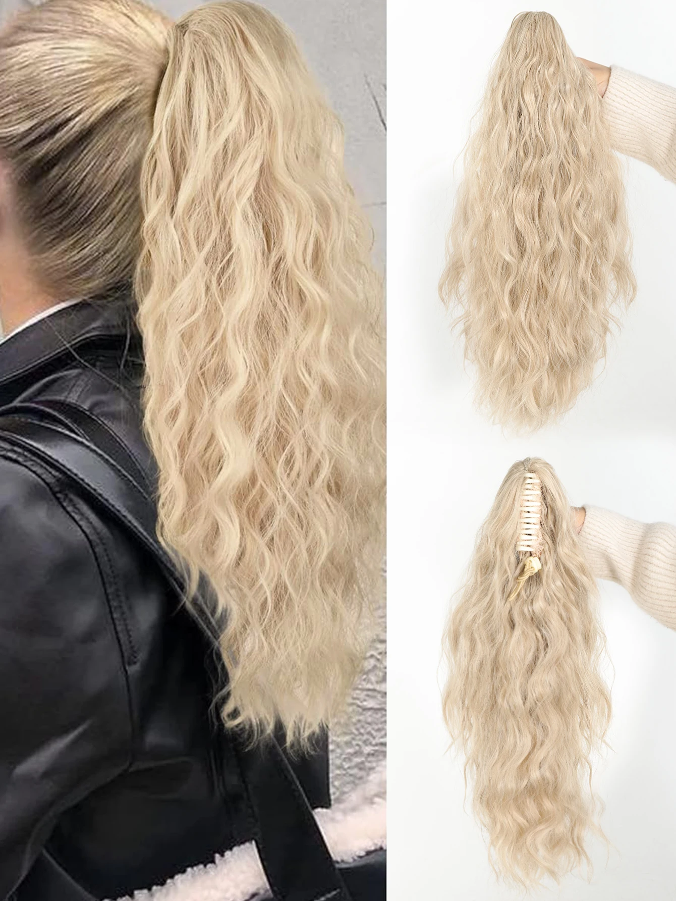 Synthetic Ponytail Extension 18Inch Grab and clip Ponytail Curly Wavy Ponytail Natural Wavy Hairpiece for Women Daily Use party