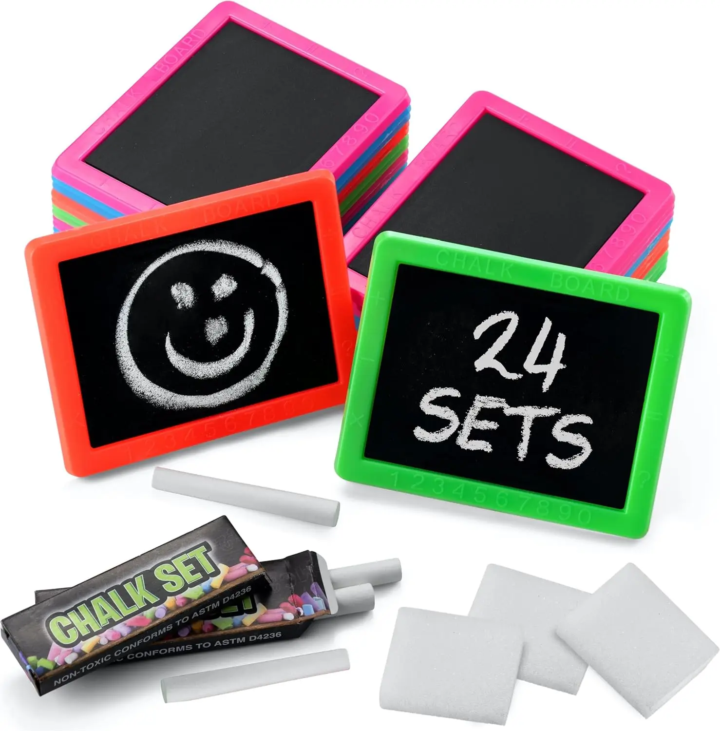 

Mini Chalkboard for Kids - Pack of 24 Goodie Bags Stuffers with 2 Chalk Sticks and Eraser Each, Educational Party Favors for