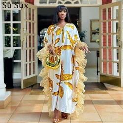 Mesh Patchwork Maxi Dress Africa Clothing Dashiki Plus Size African Dresses For Women Traditional V Neck Bat Sleeve Robe Muslim